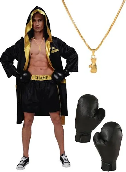 Adult Men Boxing Costume Heavyweight World Champion Boxer Includes Robe, Necklace, Boxing Gloves and Shorts