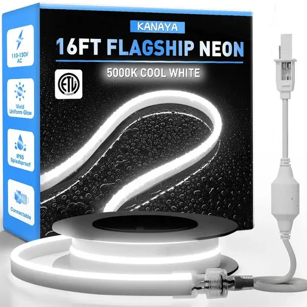 KANAYA Led Neon Rope Lights Cool White 5000K ETL Listed Neon Light Strip IP65 Waterproof