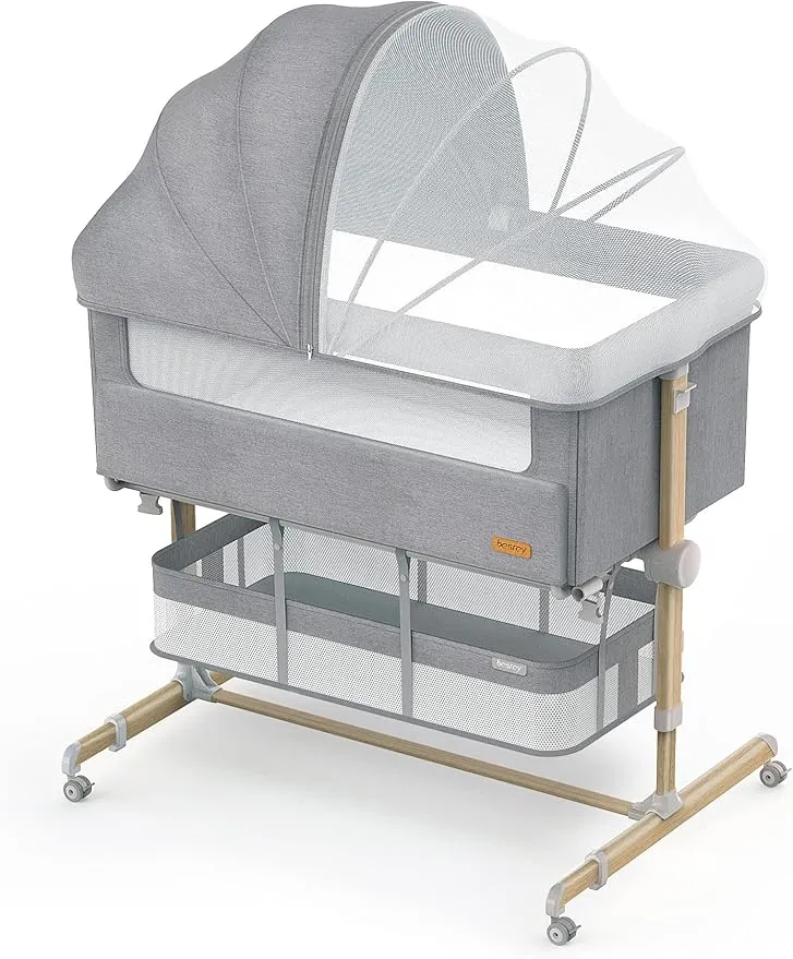 Baby Bassinet Bedside Sleeper, besrey Bedside Bassinet for Newborn Infant with Comfy Mattress, 9 Height Positions, Adjustable Bedside Crib with 360° Swivel Wheels Bassinet for Baby with Storage Basket