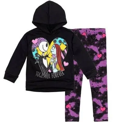 Disney Girls Nightmare Before Christmas Jack Skellington Sally Pullover Fleece Hoodie and Leggings Outfit Set