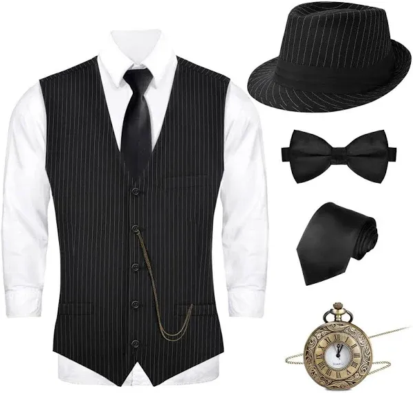 1920s Mens Costume - Roaring 20s Costumes for Men - Gangster Vest Hat Pocket Watch Suspenders