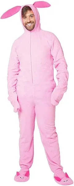 A Christmas Story Men's Ralphie Deranged Pink Bunny Suit Hooded Pajama Costume Union Suit Outfit Sleeper