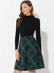 Unique Bargains Women Plaids Elastic Waist Knee Length A Line Skirt - Green - XS