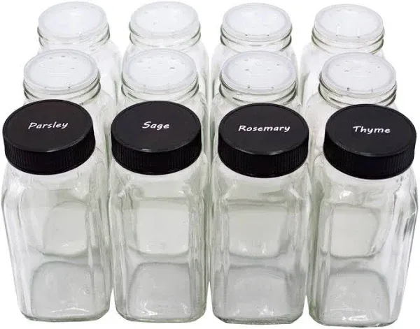 12 Pieces of French Square Glass Spice Bottles 6 Oz Spice Jars with Black Plasti