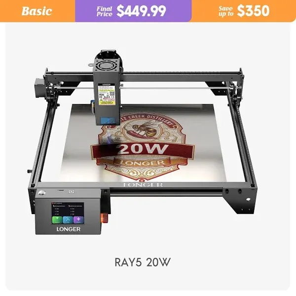 Longer RAY5 Laser Engraver 130W, Higher Accuracy Laser Engraver 20W Output Power, 3.5"Touch Screen APP Offline Control, DIY Engraver Tool for Metal/Glass/Wood, Cutting Area 14.7"x14.7"