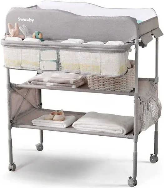 Sweeby Portable Baby Changing Table, Foldable Changing Table Dresser Changing Station for Infant, Waterproof Diaper Changing Table Pad Topper, Mobile Nursery Organizer for Newborn Essentials,Darkgrey