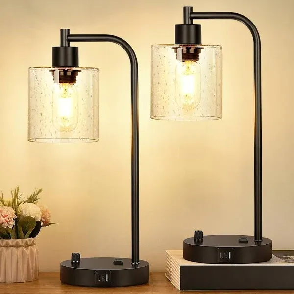 Set of 2 Industrial Table Lamps with 2 USB Seeded Glass &amp; Matte Black(Base) 