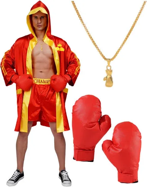 Adult Men Boxing Costume Heavyweight World Champion Boxer Includes Robe, Necklace, Boxing Gloves and Shorts