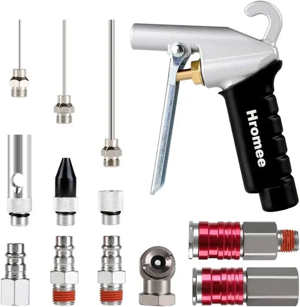 Hromee High Flow Air Blow Gun Kit with Nozzles Tips and Extensions, 13 Pieces Air Compressor Accessory Tools with 1/4" NPT V-Type Aluminum Couplers Hr4010