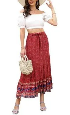 Women's Summer Elastic High Waist Boho Maxi Skirt Casual Ruffle A Line Long Skirt Flowy Midi Skirt