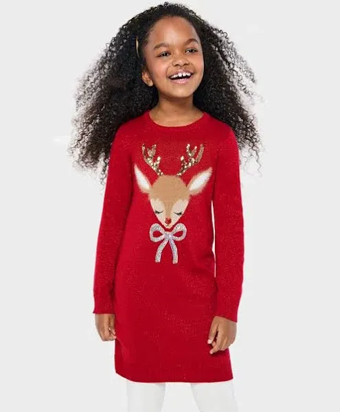 The Children's Place Girls' Sequin Reindeer Sweater Dress