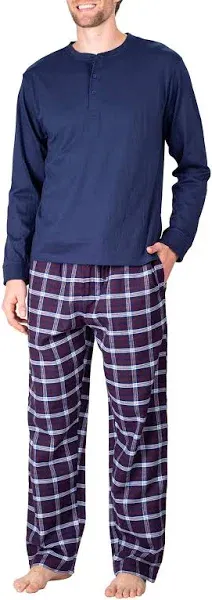 Men’s Pajama Set Pajamas For Men 2 Piece PJ Set with Cotton Flannel Men Pajama Pants and Long Sleeve Henley T-Shirt