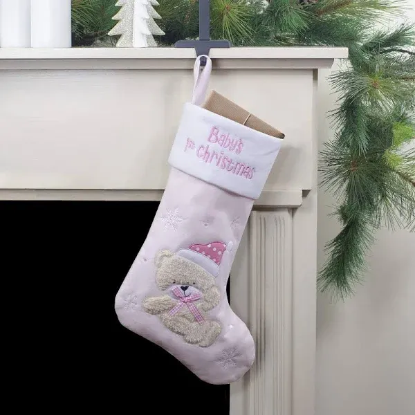 19'' Pink and White Baby's 1st Christmas Embroidered Teddy Bear Christmas Stocking