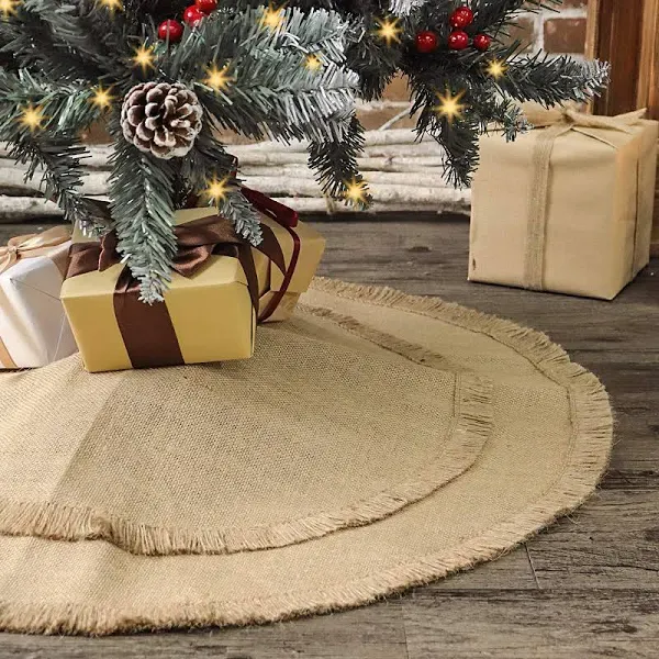 Geecy 30 Inches Small Natural Burlap Jute Plain Tassel Rustic Christmas Tree Skirt