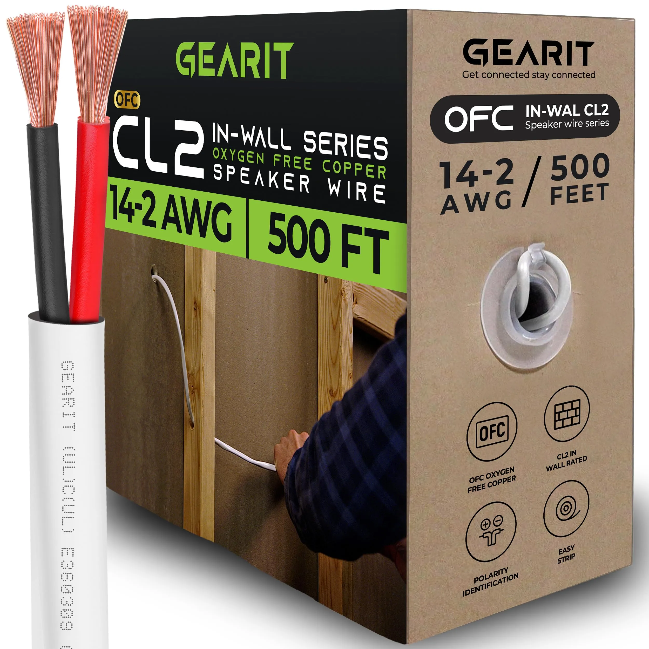 GearIT 14/2 Speaker Wire 14awg Gauge In Wall Audio Speaker Wire Cable / CL2 Rated / 2 Conductors