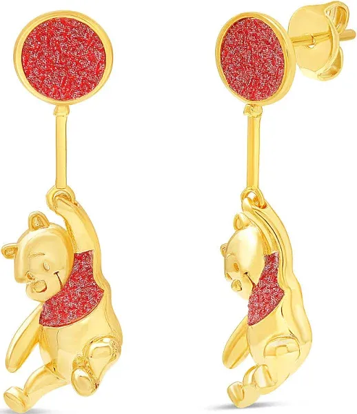 Disney | Womens Winnie the Pooh Gold Plated Red Glitter Balloon Swinging Earrings - Gold tone, red