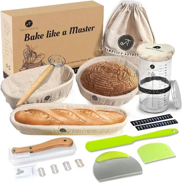 Banneton Bread Proofing Basket - A Complete Sourdough Bread Baking Supplies - Bread Baking Supplies - Sourdough Starter Jar - Indonesian Proofing Basket Set of 22 - 9" Round, 10" Oval, 15"Baguette