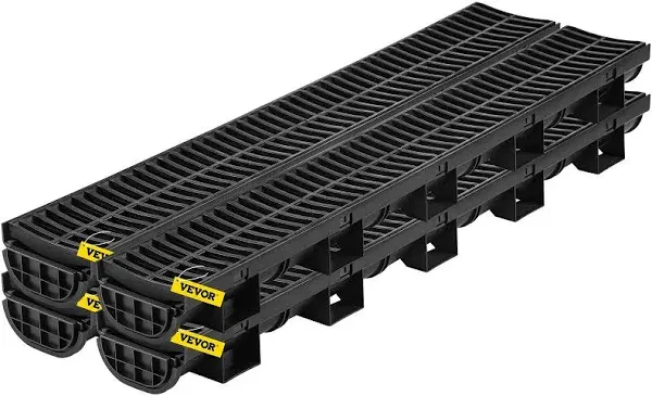 VEVOR Trench Drain System, Channel Drain with Plastic Grate, 5.7x3.1-Inch HDPE Drainage Trench, Black Plastic Garage Floor Drain, 4x39 Trench Drain Grate, with 4 End Caps, for Garden, Driveway-4 Pack  | VEVOR US