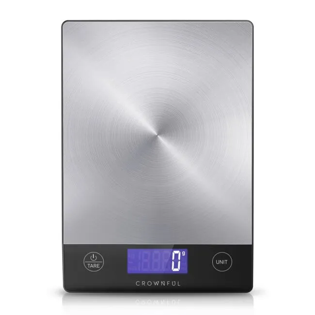 CROWNFUL Food Scale, Rechargeable 304 Stainless Steel Digital Kitchen Scale Upto 33lb Weight Grams and Ounces with LCD Display and Type-C Charging for Baking and Cooking