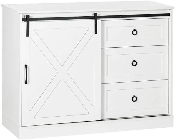 HOMCOM Farmhouse Sideboard Buffet Cabinet, Kitchen Cabinet Coffee Bar Cabinet with Sliding Barn Door and 3 Storage Drawers for Living Room, White