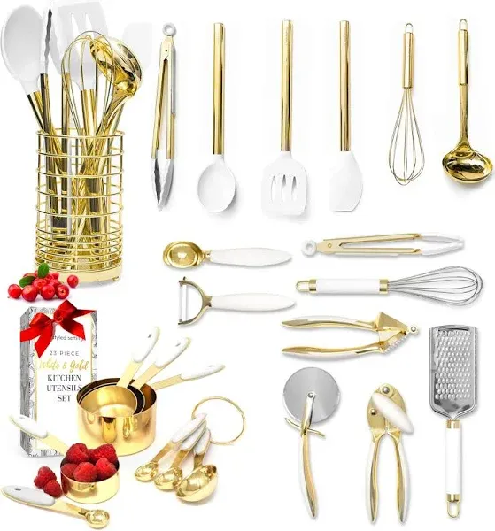 White and Gold Kitchen Utensils Set - 23 Piece Luxe White and Gold Kitchen Acces