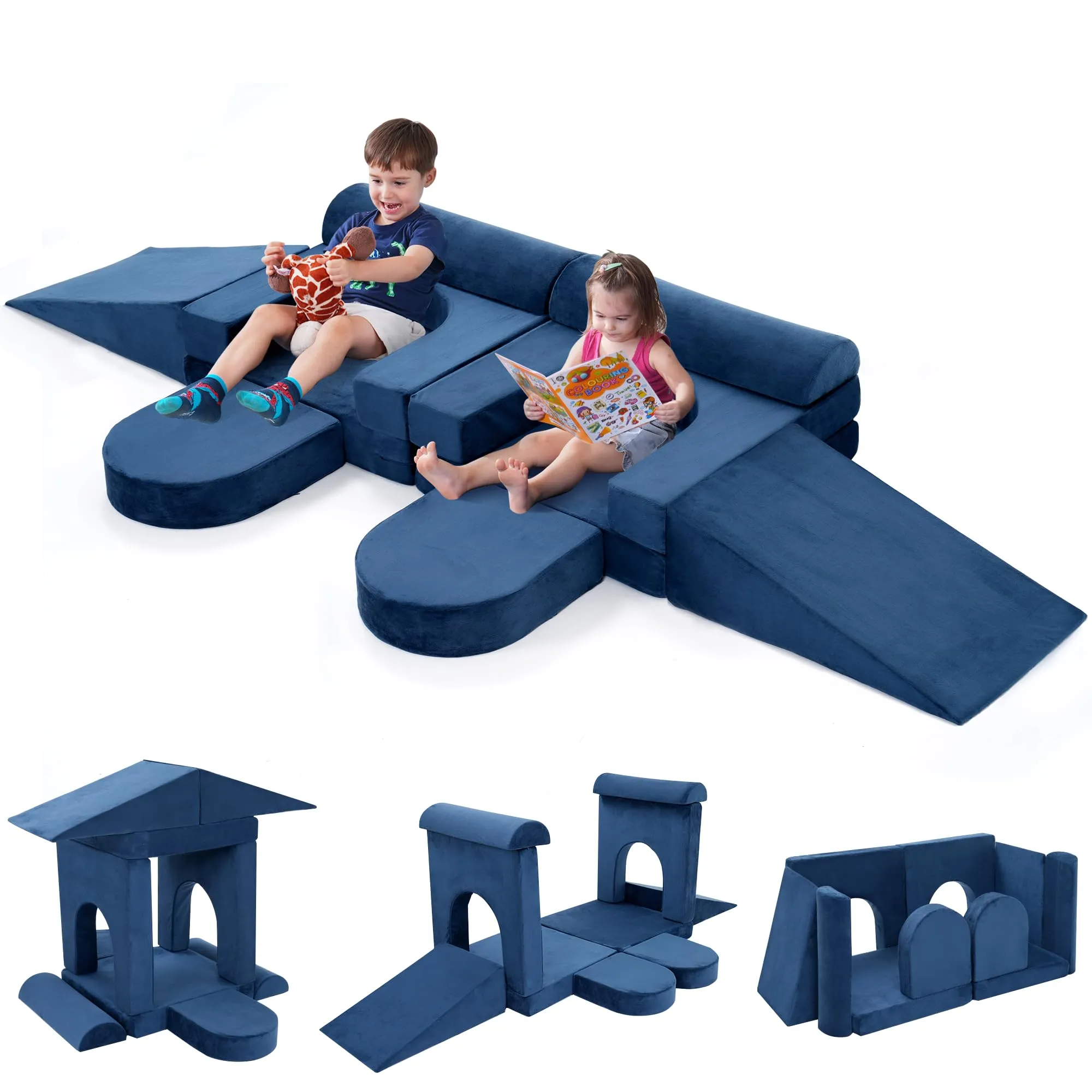 Modular Kids Play Couch with 10 Convertible Pieces - Toddler & Child Sofa for Playing, Creativity, Sleeping in Playroom Bedroom Nursery Toddler Couch Use for Boys and Girls