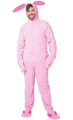 A Christmas Story Men's Ralphie Deranged Pink Bunny Suit Hooded Pajama Costume Union Suit Outfit Sleeper