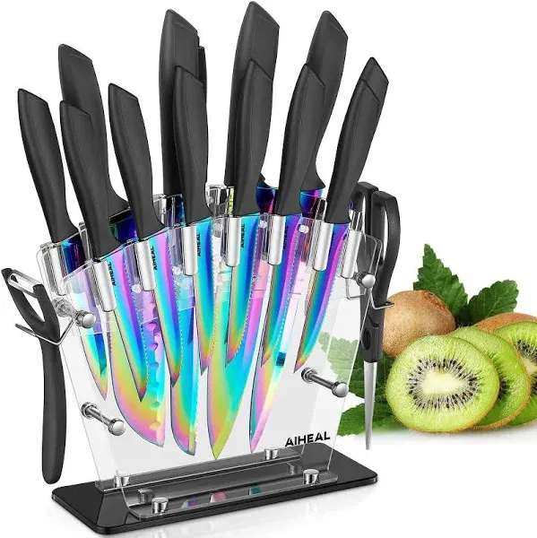 Aiheal Knife Set, 16 Pieces High Carbon Stainless Steel Rainbow Color Kitchen Knife Set, Titanium Coating Blade, No Rust and Super Sharp Cutlery