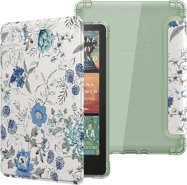 MoKo Case for All-new 7" Kindle Paperwhite 12th Gen 2024&Kindle Colorsoft Signature Edition 2024,Ultra Clear Soft Flexible Transparent TPU Back Cover Light Shell with Auto Wake/Sleep,White Blue Floral