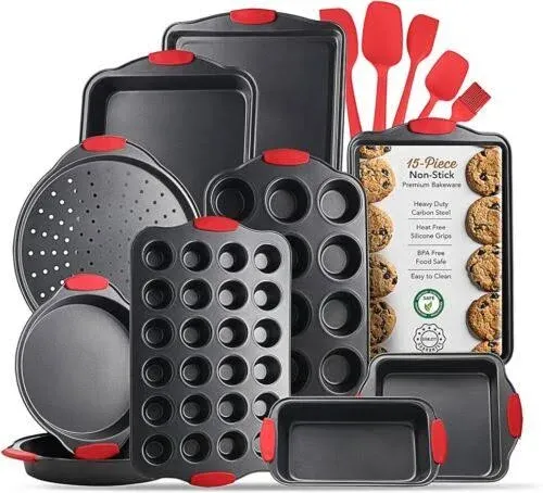 Baking Pan Set, 15 Piece Premium Baking Set, Nonstick Bakeware Sets BPA Free, Co