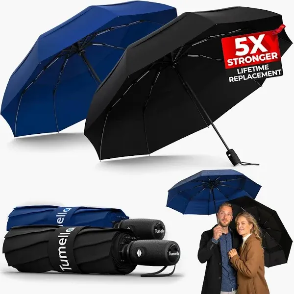 TUMELLA Strongest Windproof Travel Umbrella (Compact, Superior & Beautiful), Small Strong but Light Portable and Automatic Folding Rain Umbrella, Durable Premium Grip, Fits Car & Backpack