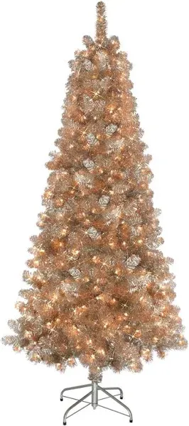 Puleo International 6.5 Foot Pre-Lit Rose Gold Tinsel Artificial Christmas Tree with 300 UL-Listed Clear Lights