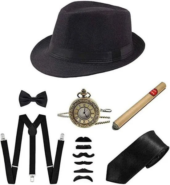 Gatsby Gangster Panama Hat, Suspender, and Bow Tie Set