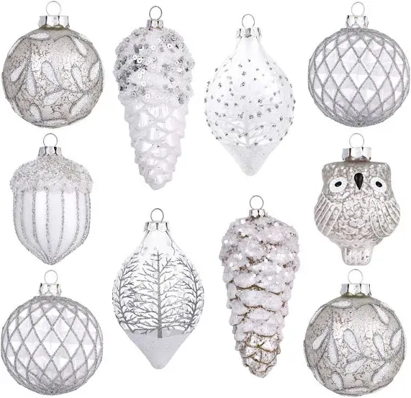 Glass Christmas Ornaments Set, 10ct White and Silver Mercury Blown Glass Chri...