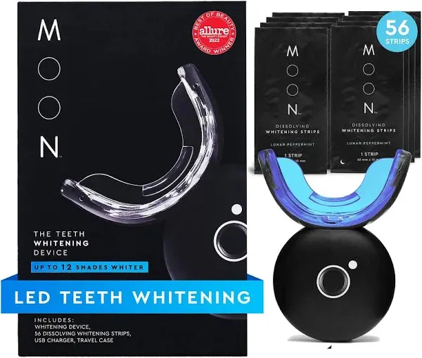 MOON Teeth Whitening Kit with LED Accelerator Light, 56 Dissolving Strips Included, 5 Minute Treatment, Gentle on Sensitive Teeth, Enamel-Safe, Helps Remove Tough Stains from Coffee, Smoking, Wine