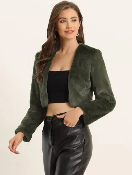 Allegra K Women's Cropped Faux Fur Open Front Jacket