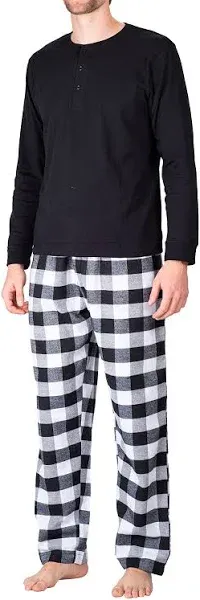 Men’s Pajama Set Pajamas For Men 2 Piece PJ Set with Cotton Flannel Men Pajama Pants and Long Sleeve Henley T-Shirt