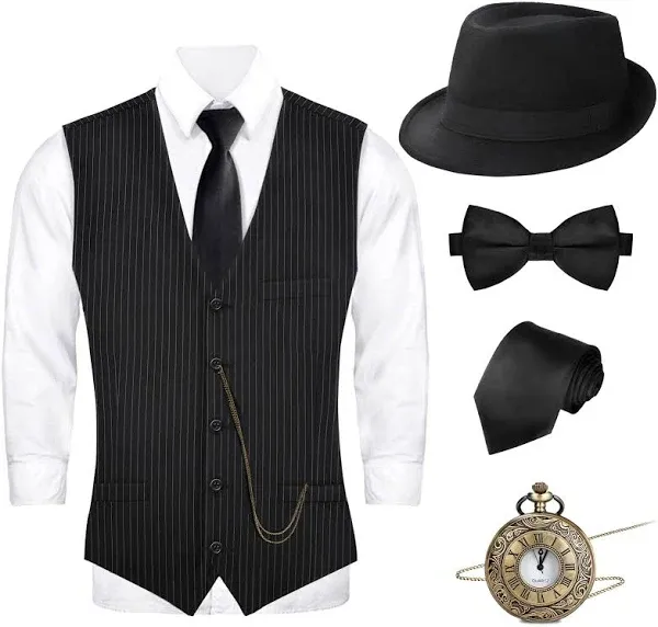 1920s Men's Great Gatsby Vest Fedora Hat with Pocket Watch