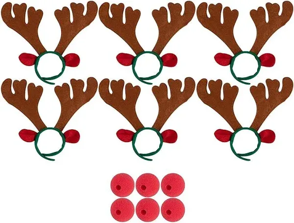 Set of 6 Reindeer Antlers Headband and Red Nose for Kids Holiday Costume