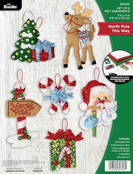 Bucilla Felt Ornaments Applique Kit Set Of 6-North Pole This Way