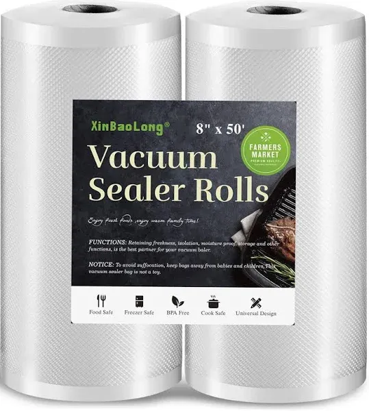 Vacuum Sealer Bags for Food，Seal a Meal Bags Rolls，8inx50 Rolls 2 Pack XinBaoLon