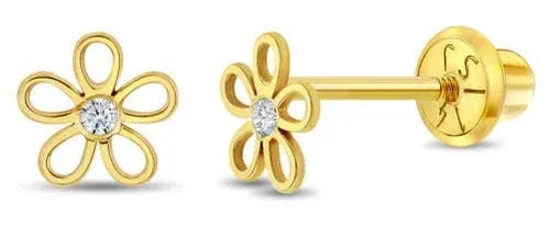 In Season Jewelry 14K Gold CZ Flower Safety Screw Back Earrings