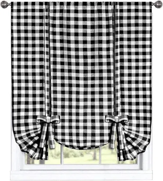 GoodGram Buffalo Check Plaid Gingham Custom Fit Farmhouse Window Curtain Tie Up Shades - Assorted Colors (Black)