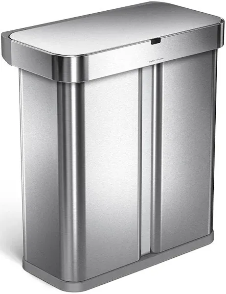 simplehuman 58L Dual Compartment Voice + Motion Sensor Kitchen Trash Can Recycler with Liner Pocket Stainless Steel