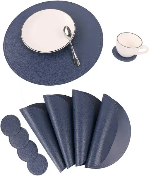 Jovono Navy Faux Leather Round Placemats and Coasters, Coffee Mats Kitchen Table Mats, Waterproof, Easy to Clean for Round Table, Dining Table