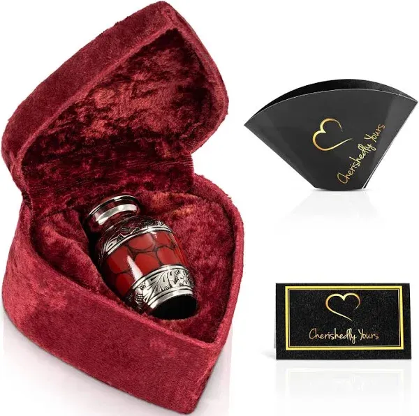 Cherishedly Yours Small Keepsake Cremation Urns for Human Ashes with Velvet Heart Case and Funnel - Crimson : Deep Red Brass Hand Engraved Mini