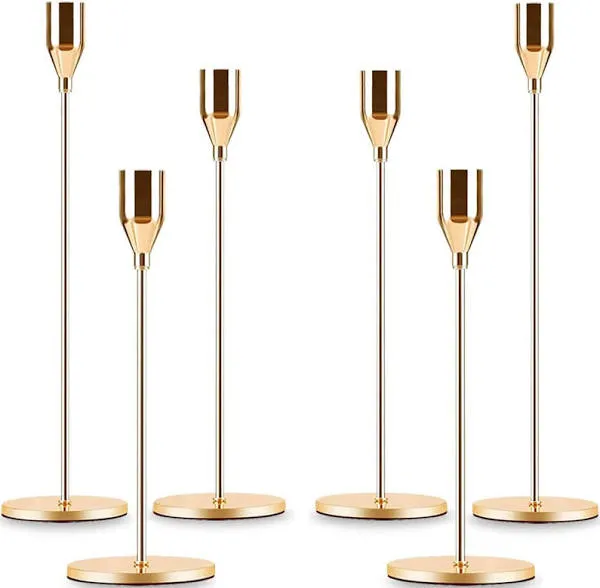 Gold Taper Candle Holder Set of 6, Brass Gold Tall Candlestick Holders, Metal...