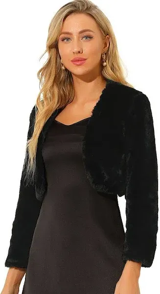 Allegra K Women's Collarless Faux Fur Open Front Cropped Coat