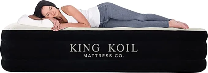 King Koil Luxury Queen Air Mattress with Built-in High Speed Pump, Blow Up Bed Top and Side Flocking, Puncture Resistant, Double High Inflatable Airbed for Camping, Home, Travel