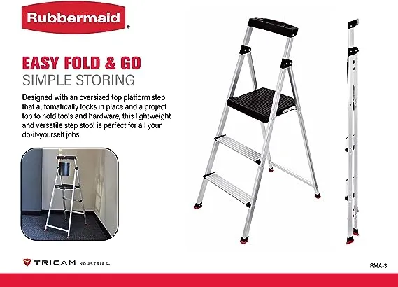 Rubbermaid RMA-3 3-Step Lightweight Aluminum Step Stool with Project Top, 225-pound Capacity